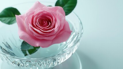 A pink rose floating in a crystal bowl of water, the epitome of serene beauty and delicate fragrance, photorealistic