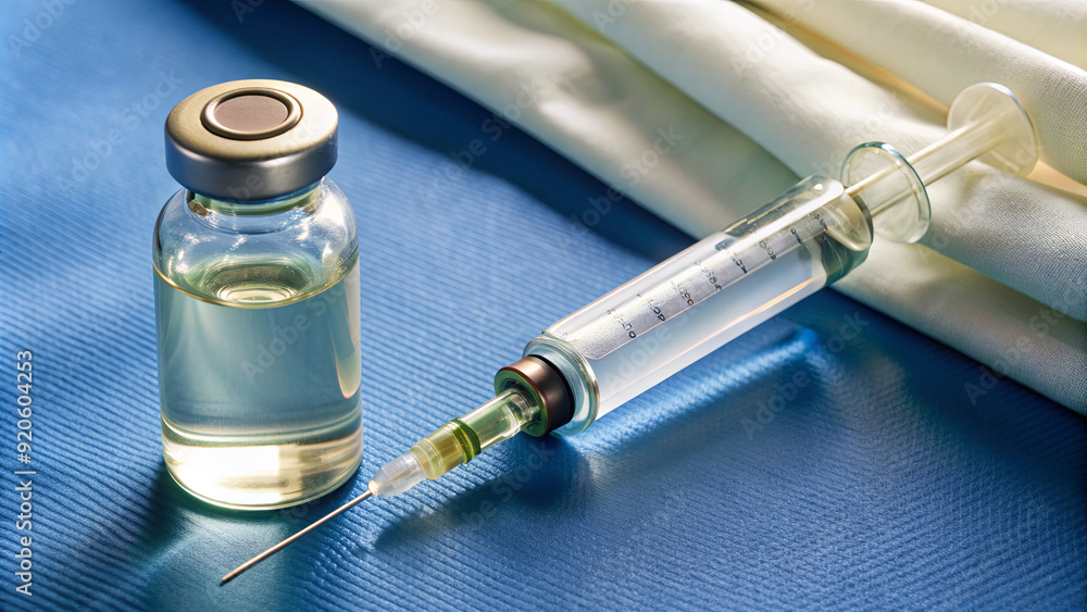 Poster a syringe filled with a transparent liquid rests next to an open vial, ready for use in a medical se