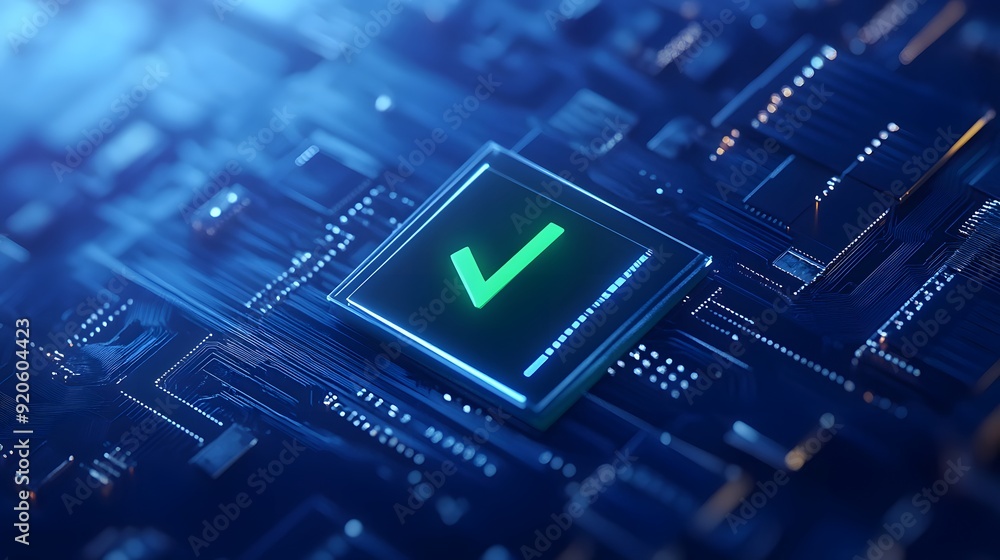 Poster close-up of a circuit board with a glowing green checkmark symbolizing a successful technological pr