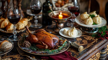 A traditional feast on a dining table red wine roasted duck and dumplings are served on a decorated dining table
