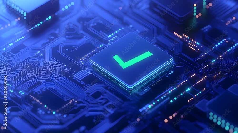 Poster close-up of a computer microchip with a glowing green checkmark, illustrating modern technology and 