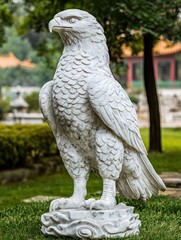 Obraz premium A white marble eagle statue stands tall on a stone base in a lush green garden.
