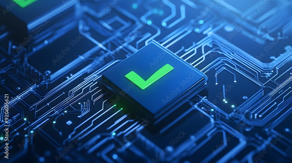 Poster close-up of a digital circuit board with a green checkmark symbol, representing technology and secur