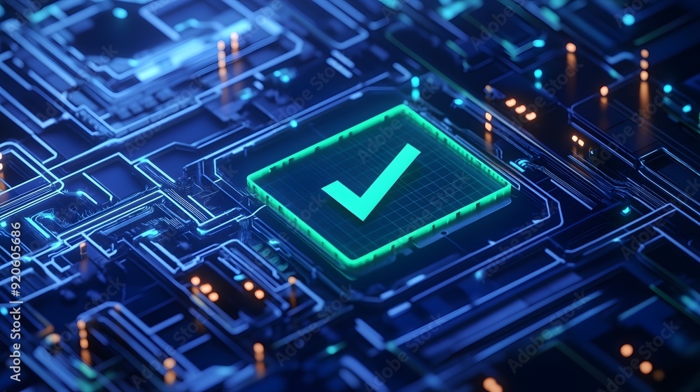 Aufkleber close-up of a digital circuit with a glowing green check mark symbolizing technology, verification, 