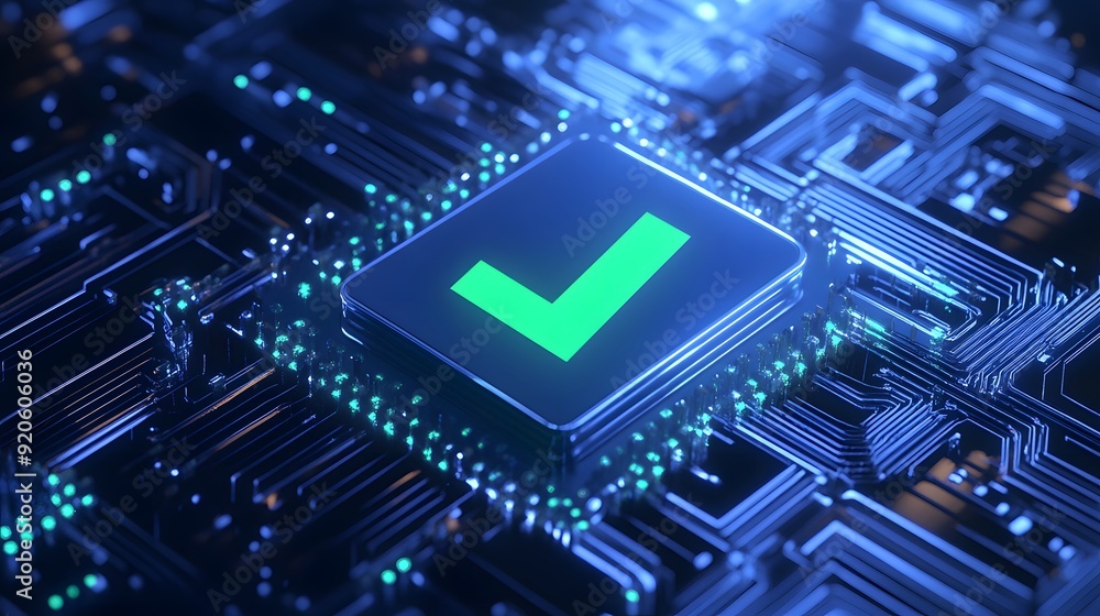 Poster close-up of a glowing checkmark on a circuit board, symbolizing successful data processing and secur