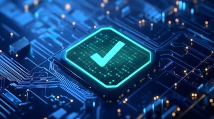 Close-up of a glowing checkmark icon on a digital circuit board, representing cybersecurity and data verification.