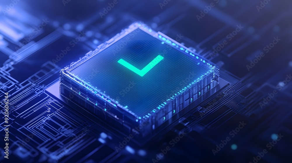 Poster close-up of a glowing computer chip with a green checkmark symbol on a blue circuit board background