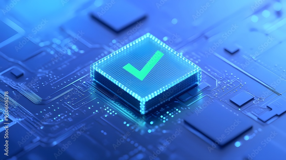 Poster close-up of a glowing electronic chip with a checkmark symbol, representing technology validation an