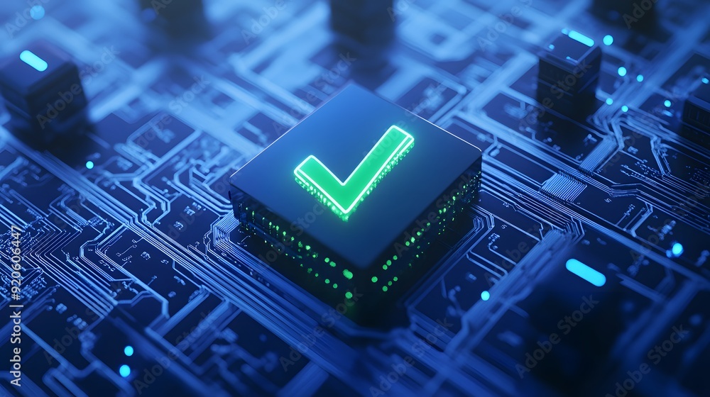 Poster close-up of a glowing green check mark on a microchip, symbolizing digital approval, technology, and