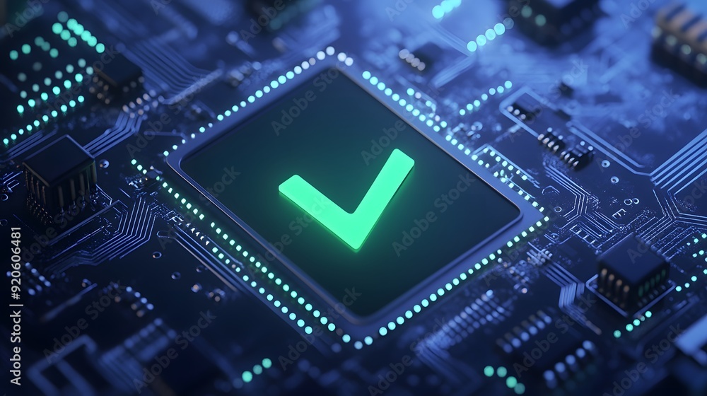 Poster close-up of a glowing green check mark on an electronic circuit board, symbolizing digital validatio