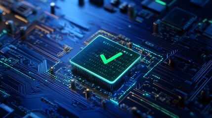 Close-up of a glowing green check mark on a microchip on a blue circuit board, symbolizing computer security and safe technology.