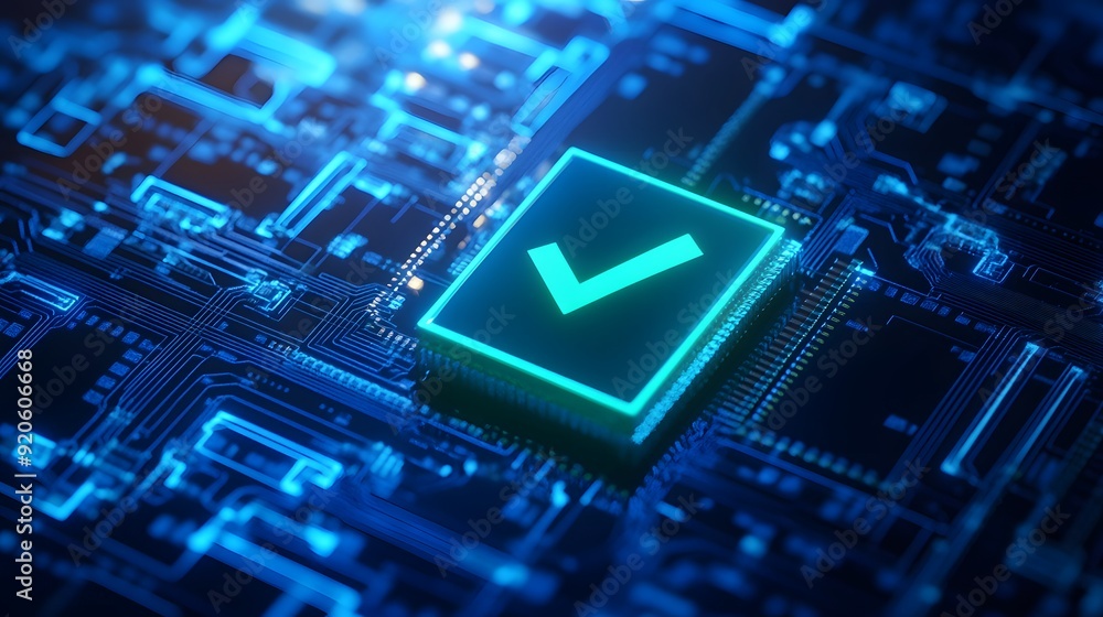 Aufkleber close-up of a glowing green checkmark on a digital microchip, symbolizing system validation, cyberse