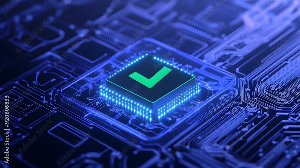 Poster close-up of a glowing microchip with a checkmark symbol, representing modern technology, ai, and dat