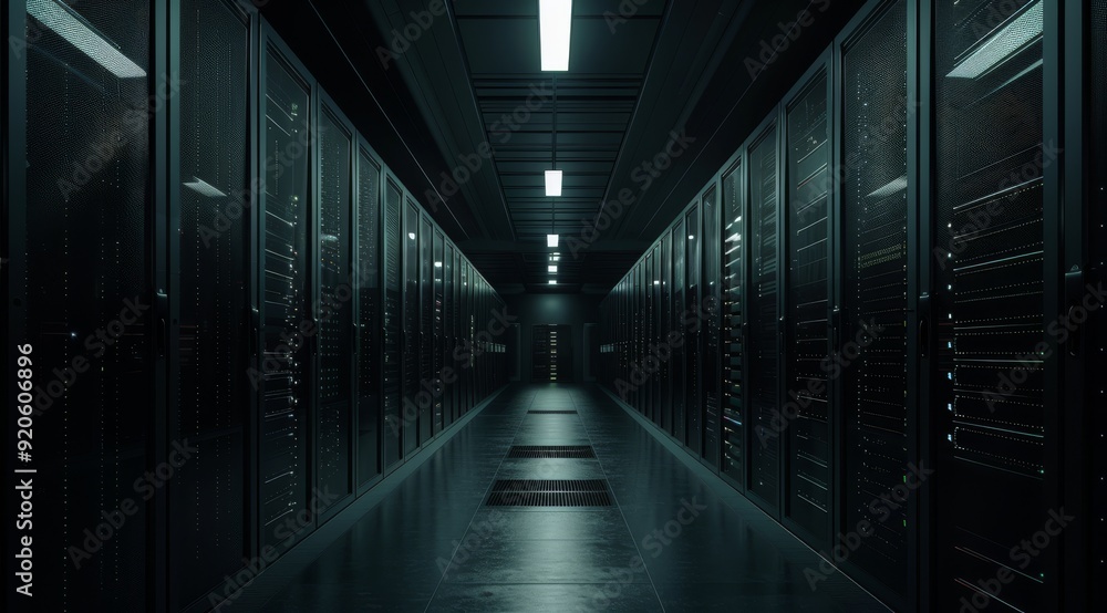 Poster a shadowy corridor lined with server racks in a data center environment, evoking a profound sense of