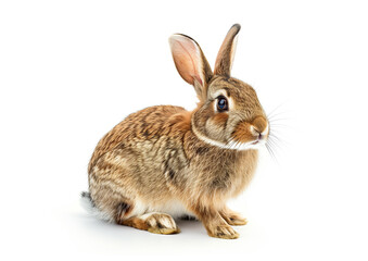Adorable brown rabbit sitting on white background