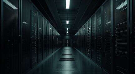 Fototapeta premium A shadowy corridor lined with server racks in a data center environment, evoking a profound sense of mystery