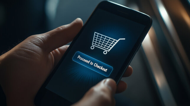 A businessman using a smartphone to shop online, with the shopping cart screen visible and the Proceed to Checkout button