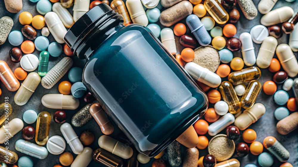 Poster a large dark bottle of supplements sits among an array of colorful pills and capsules on a textured 