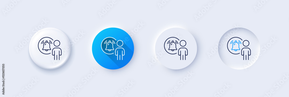 Poster user notification line icon. neumorphic, blue gradient, 3d pin buttons. alarm bell reminder sign. me