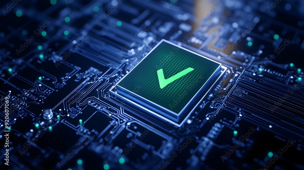 Poster close-up of a microchip featuring a green check mark on a circuit board, symbolizing security, techn