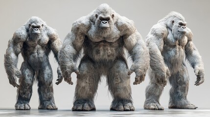 Fototapeta premium Three white hairy Bigfoot creatures standing against a white background.
