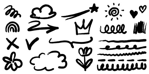 Bold brush Hand drawn doodle style collection of heart, scribble, star, check mark, arrow, spirals, sparkles, leaves, lightning, and emphasis element. use for concept design.