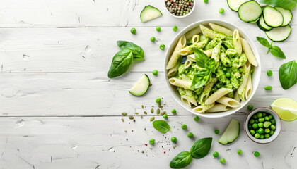 Obraz premium Penne Pasta with Pesto, Zucchini, and Green Peas on White Table