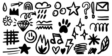 Bold brush Hand drawn doodle style collection of heart, scribble, star, check mark, spirals, flower, rainbow, diamond, sparkles, leaves, fire, lightning, and emphasis element.