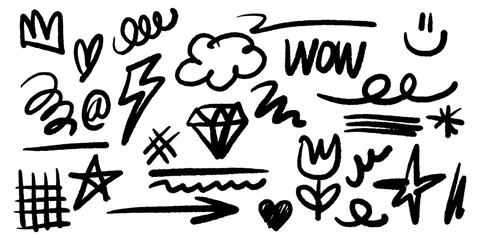 Bold brush Hand drawn doodle style collection of heart, scribble, star, diamond, spirals, sparkles, hashtag, lightning, and emphasis element. use for concept design.