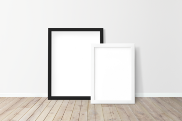Black and white picture frame mockups on a wooden floor