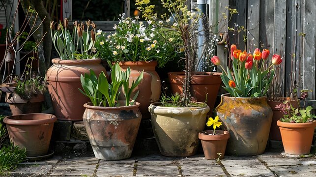 A variety of springtime clay flower pots in a pinner rural garden