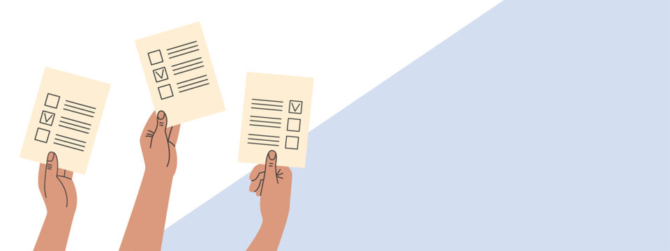 Voting, elections 2024. Banner with Hands holding ballot papers. Vector flat illustration