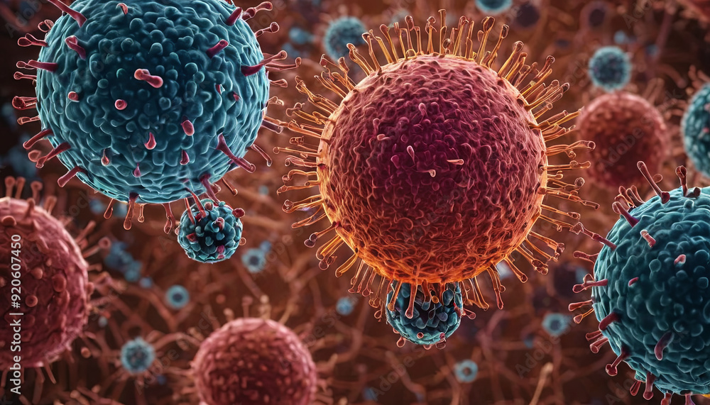 Poster a close-up display shows various virus particles in vibrant colors interacting amid a complex backgr