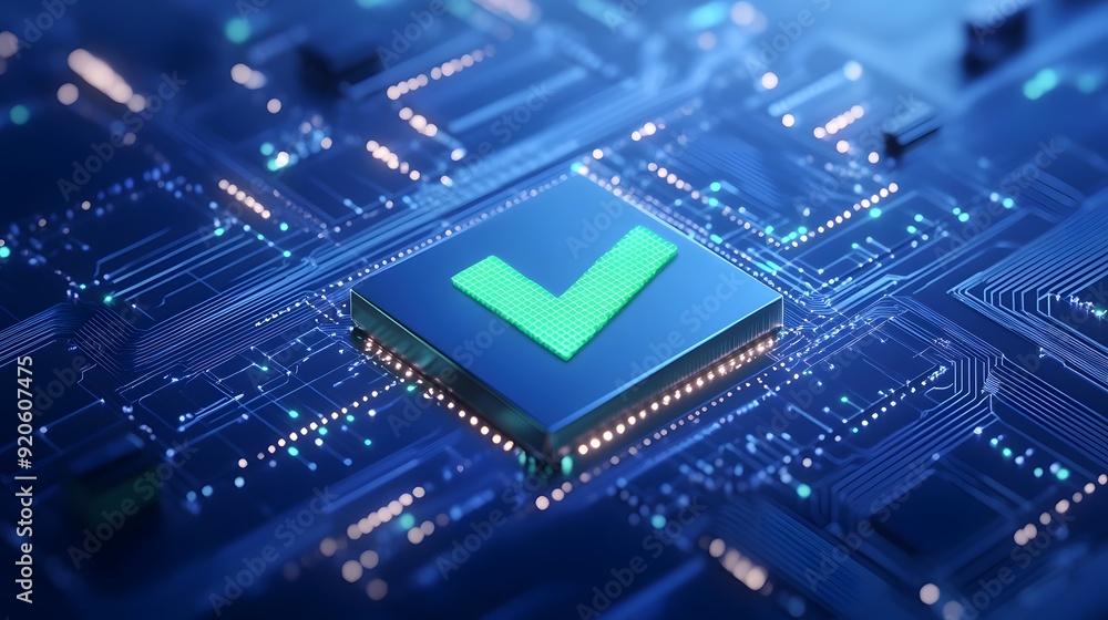 Poster close-up of a microchip with a glowing green check mark, representing cybersecurity and data protect