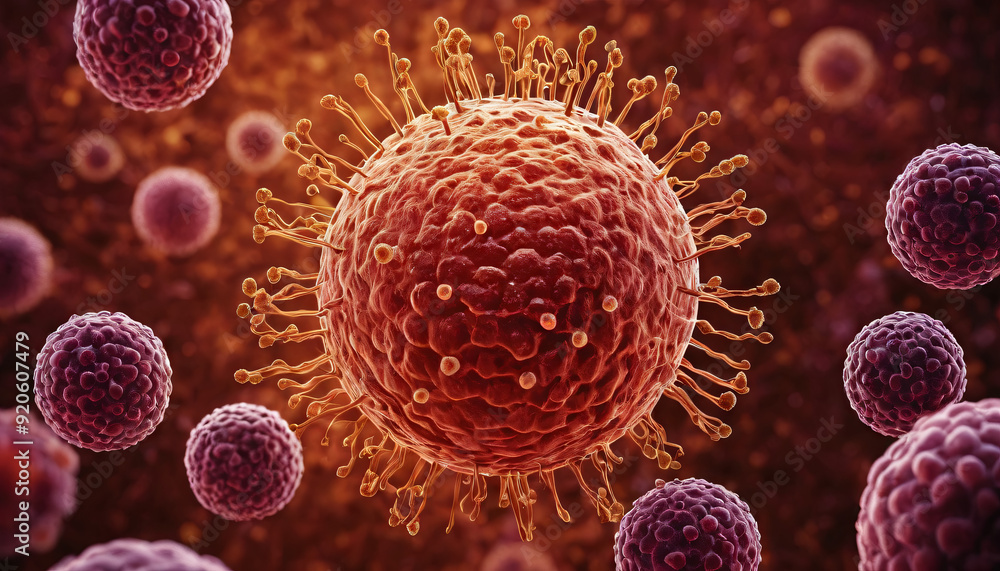 Poster detailed representation of a virus with spikes, accompanied by smaller viral entities in a dynamic m