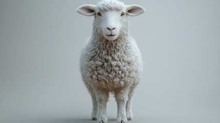 Obraz premium A fluffy white sheep stands looking directly at the camera with a soft, gentle expression.