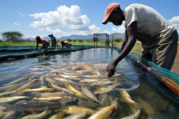 African fishermen work together at a tilapia farm in malawi, harvesting fish under the sunny sky. This image captures rural food production in africa