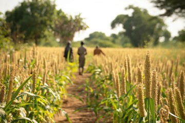 Three farmers walking away from the camera through a field of ripe sorghum in burkina faso, africa