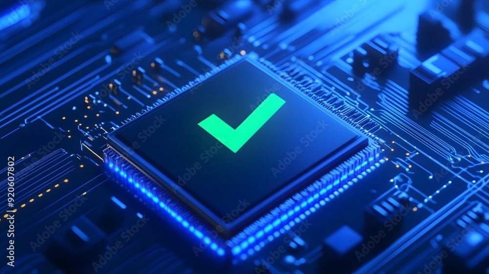 Aufkleber close-up of a microchip with a green check mark, symbolizing approval or successful operation in a f