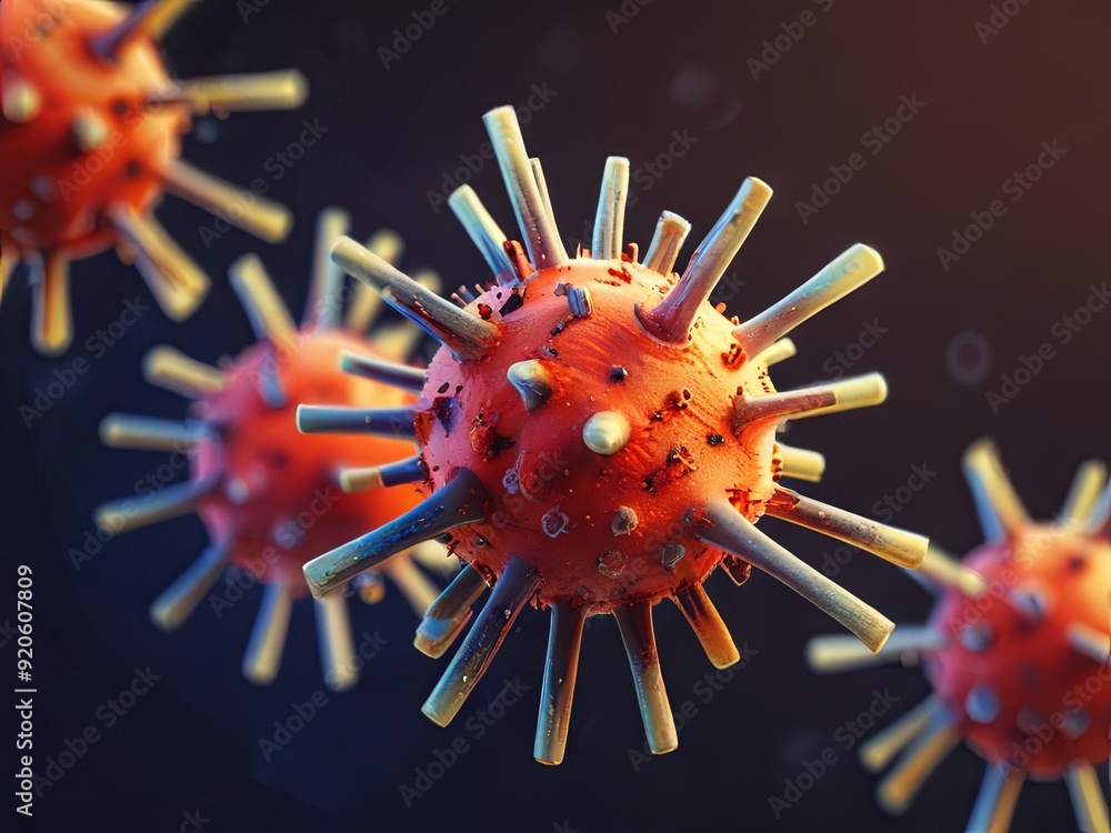 Poster magnified view of vibrant viral particles, highlighting their distinct shapes and structures as they