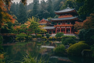 Naklejka premium Serene scene of a traditional japanese temple reflecting on the still water of a lake, surrounded by lush greenery and the vibrant colors of autumn