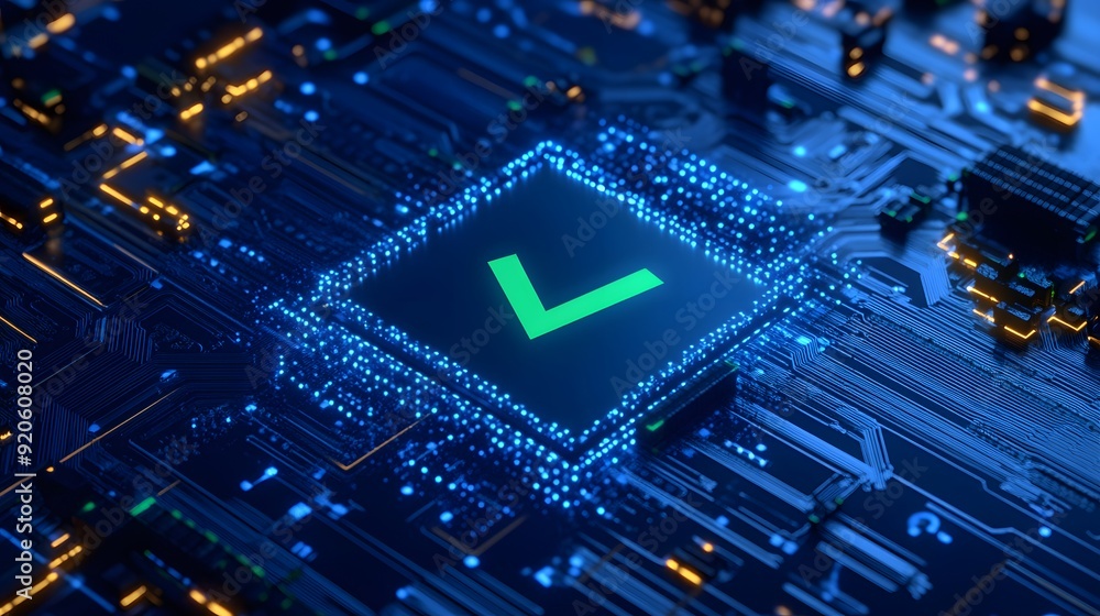 Poster close-up of a microchip with glowing check mark symbolize modern technology innovation in circuit de