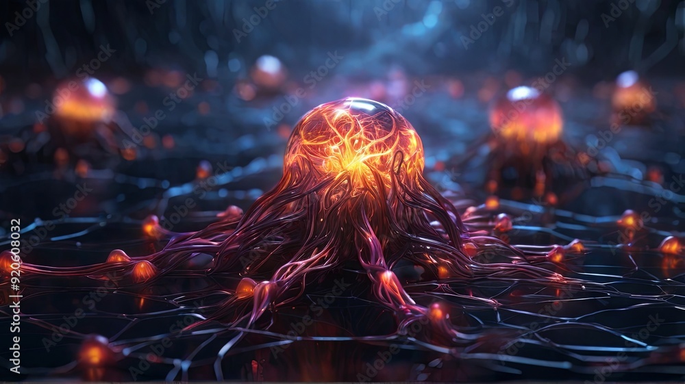 Poster brightly illuminated neural forms surround a central structure, creating a mesmerizing display of li
