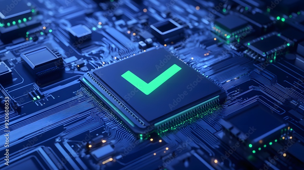 Poster close-up of a modern computer chip with a glowing green checkmark on a motherboard, representing tec