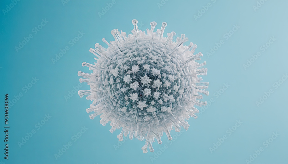 Poster a virus particle is depicted with spikes and a textured surface, floating against a soft blue backdr