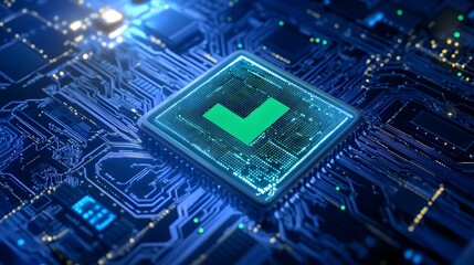 Close-up of a microprocessor with a green checkbox symbol on a circuit board, representing technology, security, and digital verification.