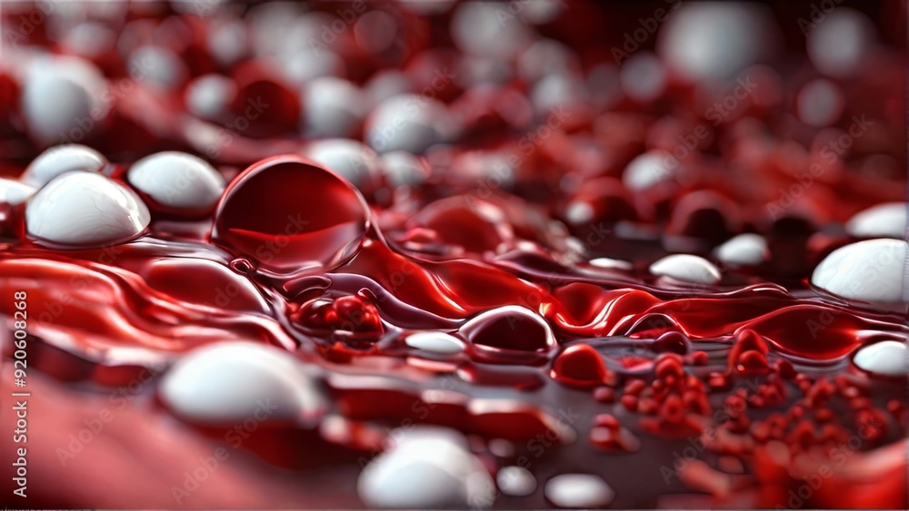 Poster red droplets reflect light beautifully on a surface, showcasing a rich texture and intricate pattern
