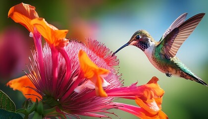 Naklejka premium 3D view, a hummingbird at a flower
