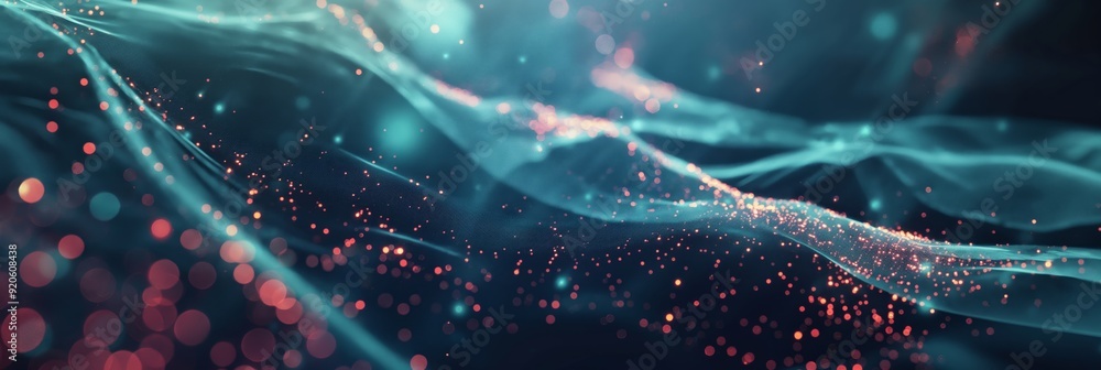 Poster a fluid, glowing wave of particles on a dark abstract background. the blue and pink points create an