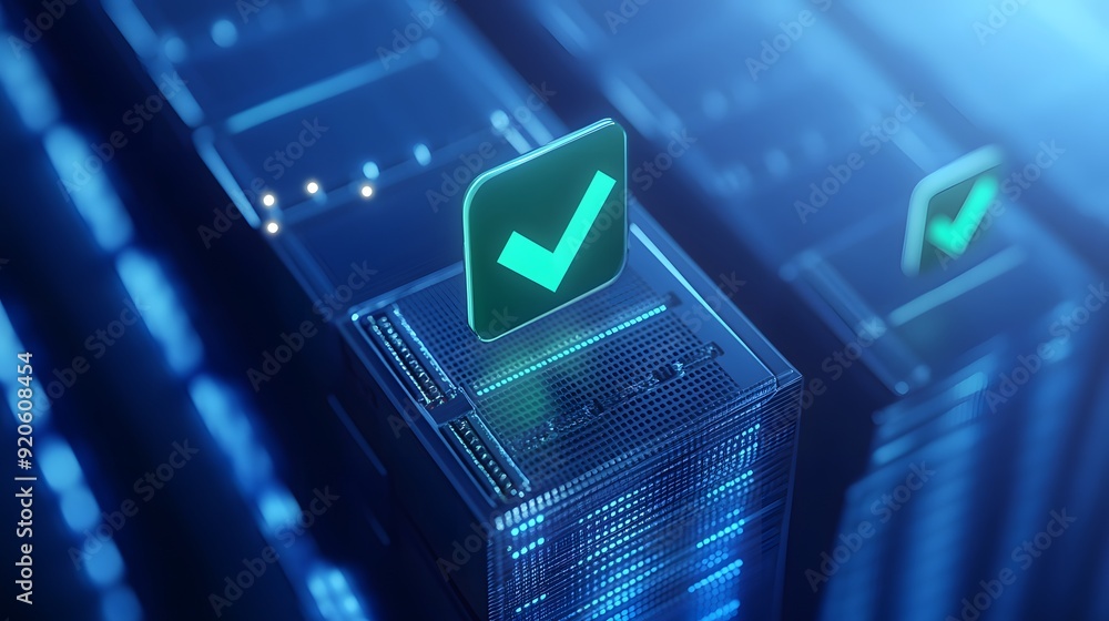 Poster close-up of glowing green check marks on server racks indicating successful data processing in a hig
